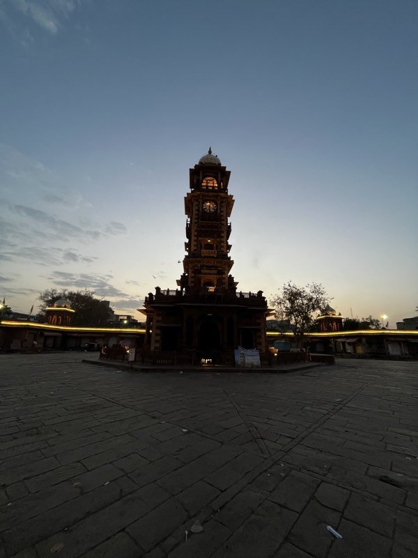 The Clock Tower above Sardar Market at dusk