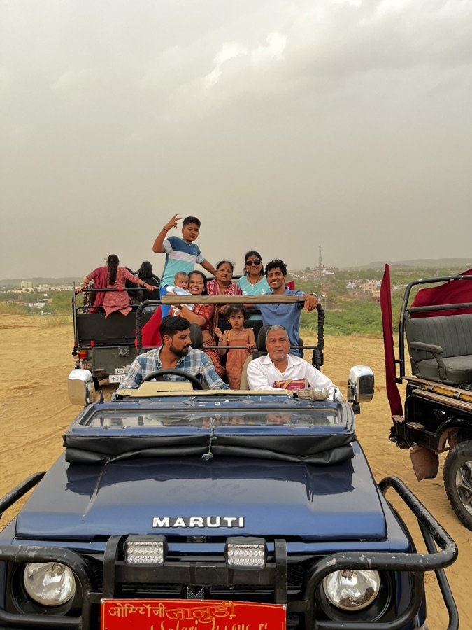 A family setting off on a jeep safari at Osian